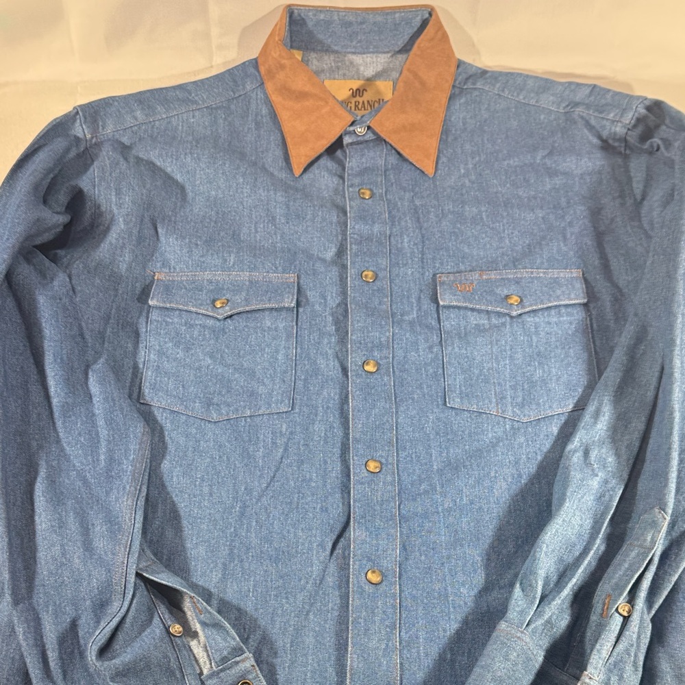King ranch Denim Shirt with Brown Collar Pearl snap buttons